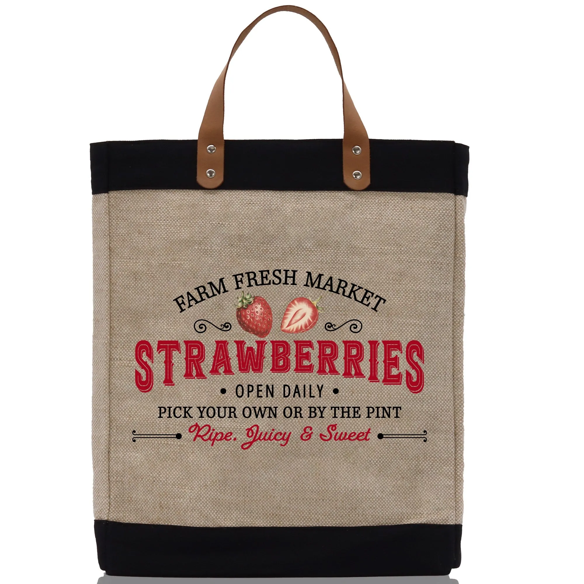 Strawberry Farm Fresh Market Jute Tote Bag Farmers Fruit Lover Burlap Bag Fruity Vintage Market Jute Burlap Bag Vintage Farmer Bag (VTB1002)
