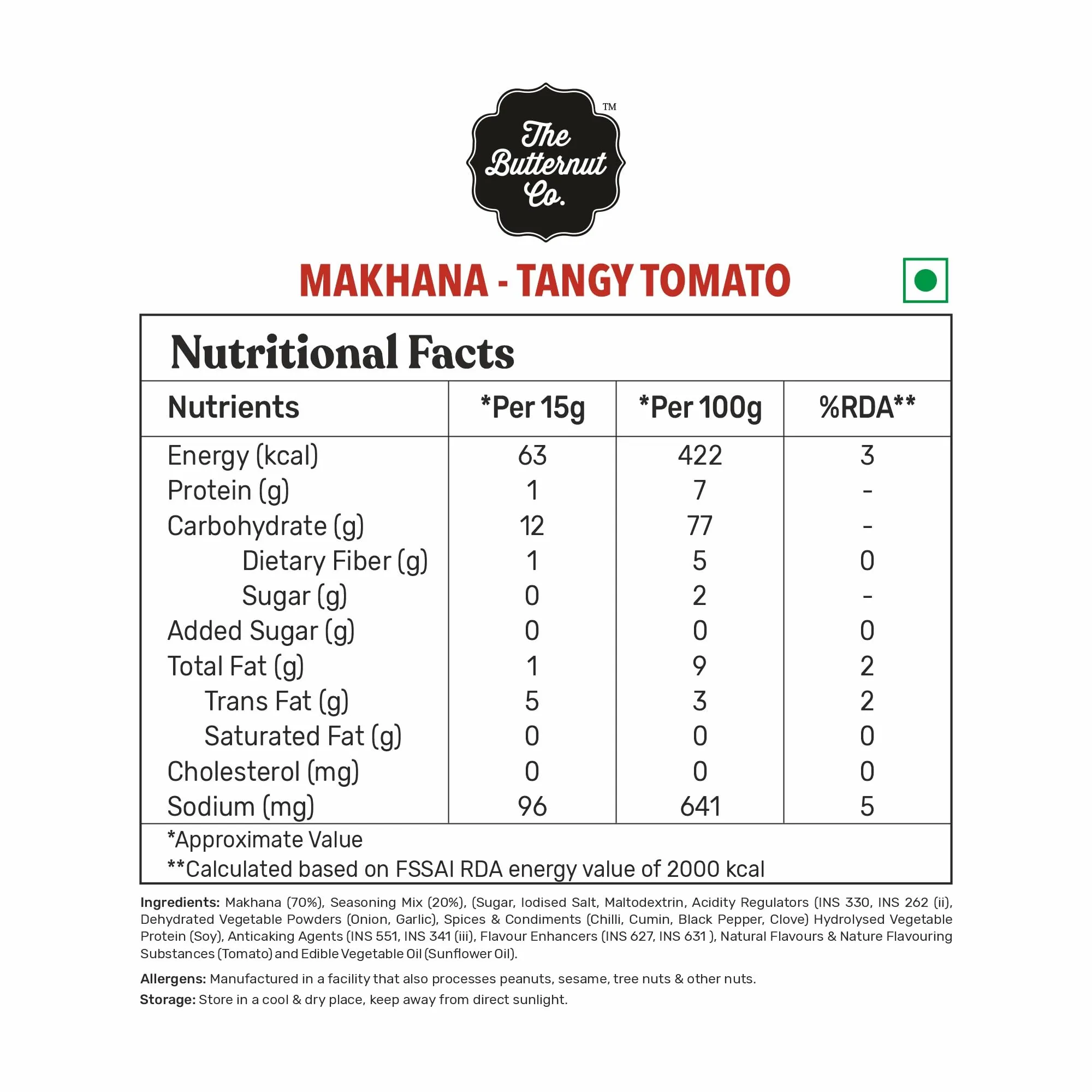 The Butternut Co. Makhana - Flavored Tangy Tomato - 60g, Natural, High Protein & Fibre, Gluten Free, Vegan (Pack of 1)
