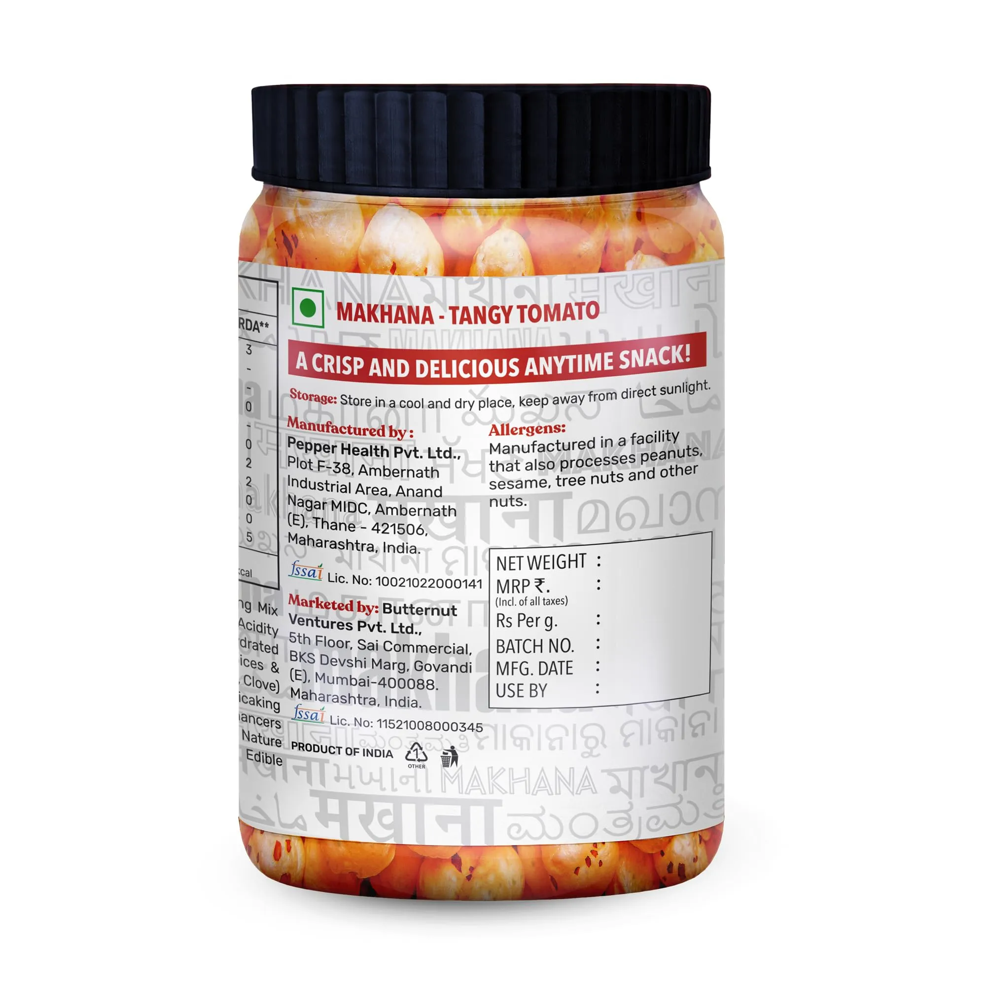The Butternut Co. Makhana - Flavored Tangy Tomato - 60g, Natural, High Protein & Fibre, Gluten Free, Vegan (Pack of 1)