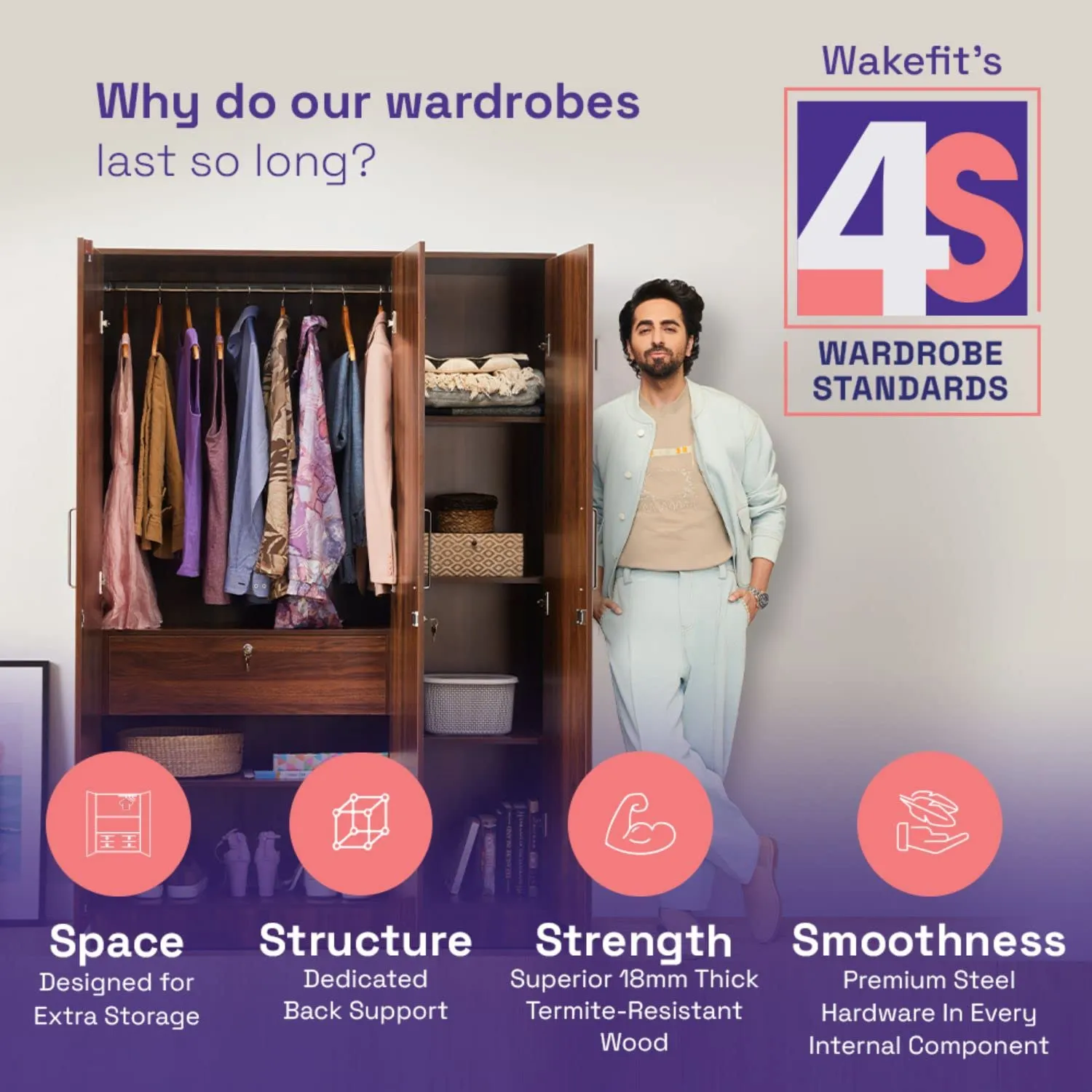 Wakefit Wardrobe | 1 Year Warranty | Cupboard, Wooden Almirah for Clothes, Wardrobe Wooden, Twill 2 Door without Mirror, No Drawer & No Hanging Space, 18MM Panels, with Assembly (Frosty White)