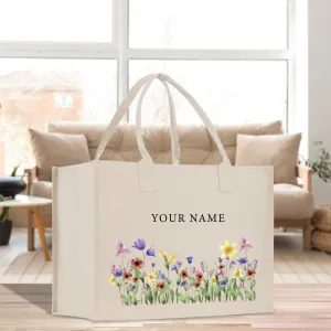 Wildflowers Personalized Name Cotton Canvas Tote Bag Custom Tote Bag Gift for Her Bridesmaid Wedding Party Tote Birthday Gift Bag (WPLT1001)