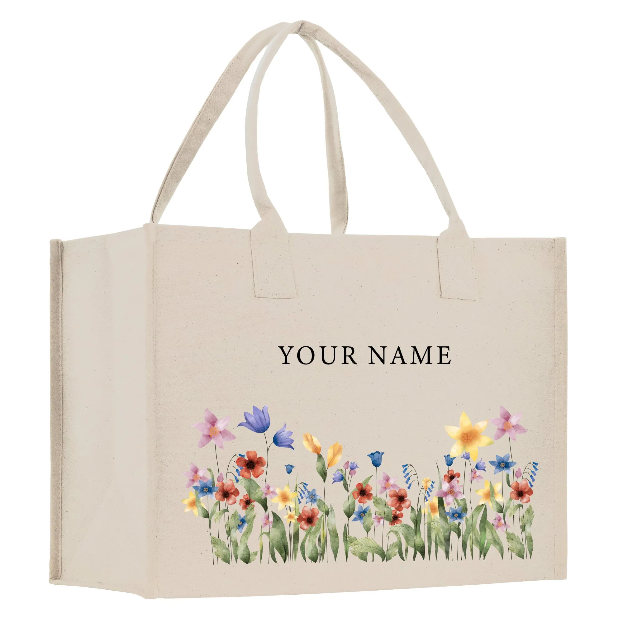 Wildflowers Personalized Name Cotton Canvas Tote Bag Custom Tote Bag Gift for Her Bridesmaid Wedding Party Tote Birthday Gift Bag (WPLT1001)