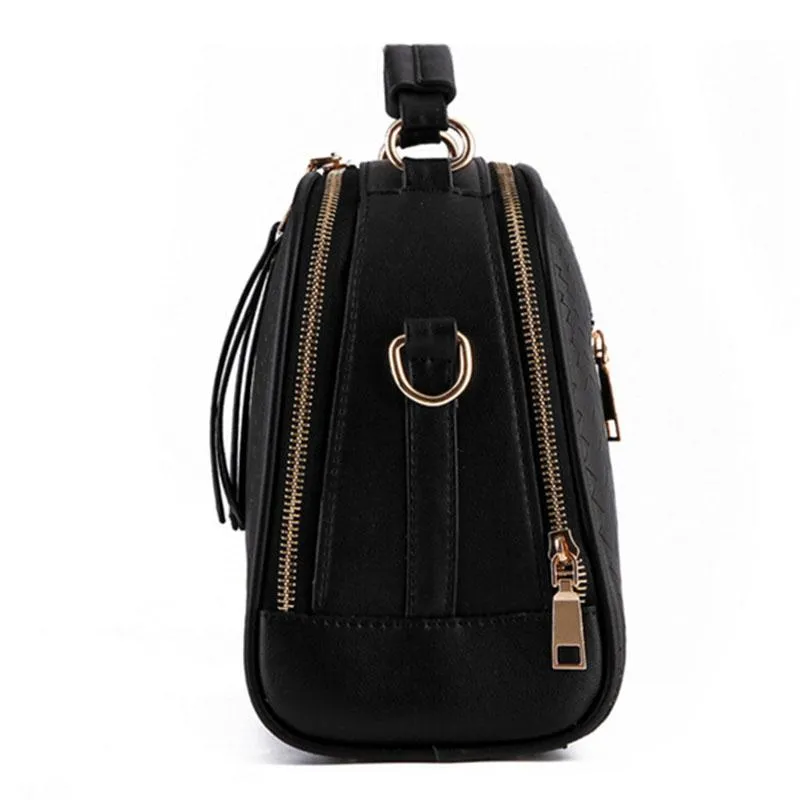 Women Black Zig Zag Quilted Faux-Leather Handbag with Dual Compartments